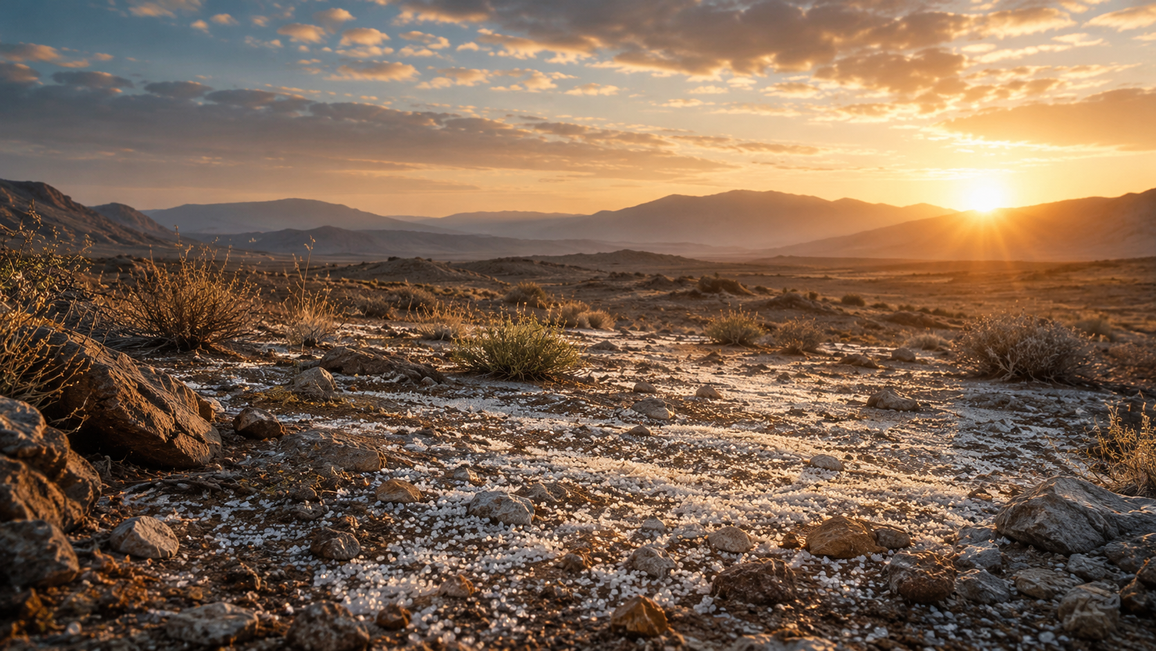Morning light falling across a quiet wilderness landscape with manna-like provision covering the ground.